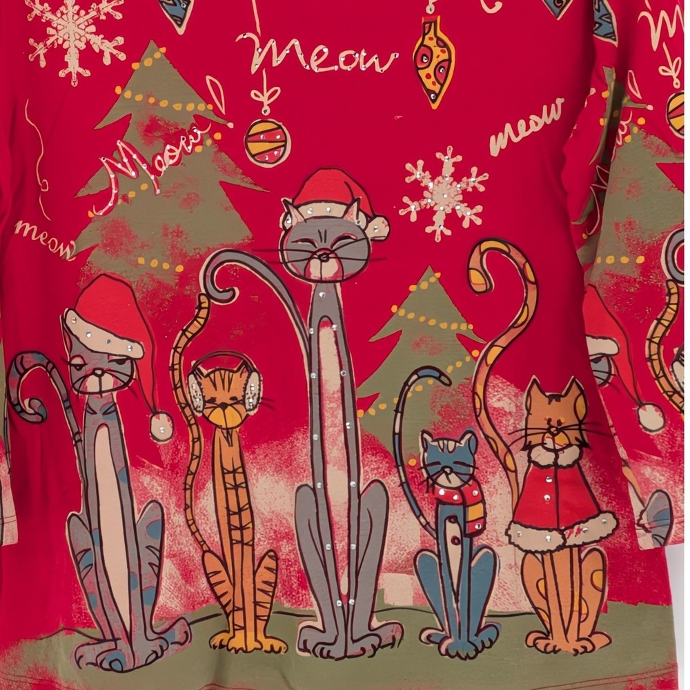 Jess & Jane $75 Large Red Meow Christmas Cat Print 3/4 Sleeve V Neck Top